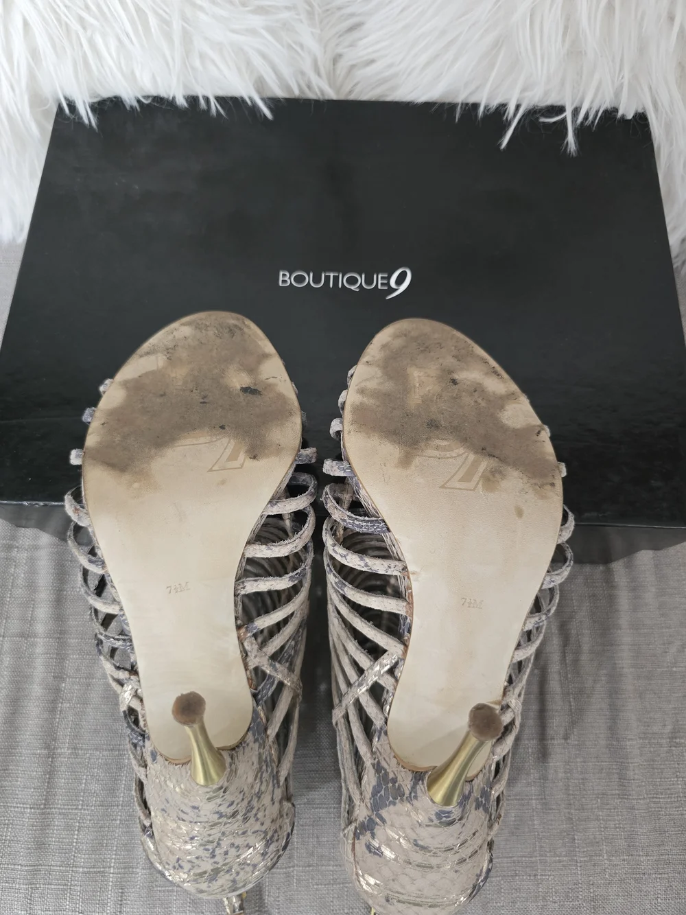 Boutique 9 Snake-Print Strappy High Heel Booties in Beige